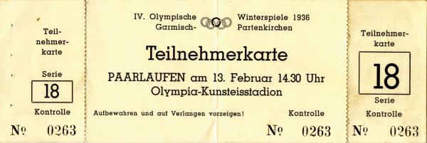 Olympic Winter Games 1936. Athlete's Ticket