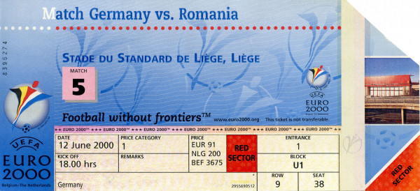 Deutschland - Rumänien 12.06.2000, Eintrittskarte EM2000