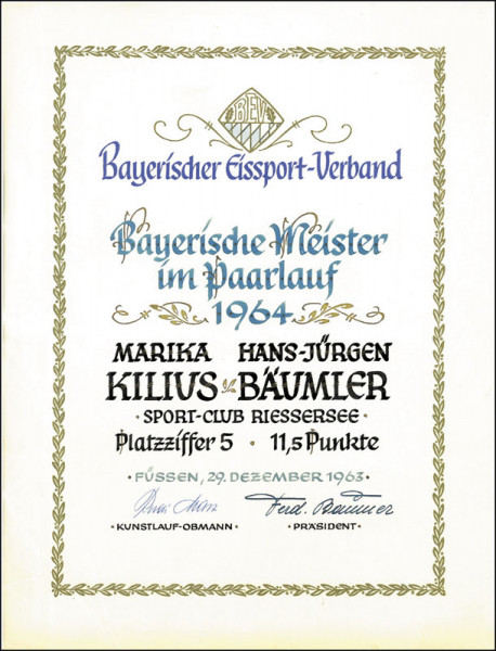 Original Siegerurkunde im Eiskunstlaufen von Kilius/Bäumler "Bayerische Meister im Paarlaufen 1964.