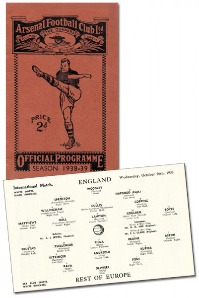 Football Programm 1938. England v Rest of Europe