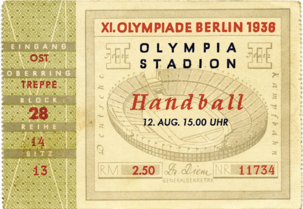 12. August, Handball im Olympia-Stadion, Stehplatz, Eintrittskarte OSS1936