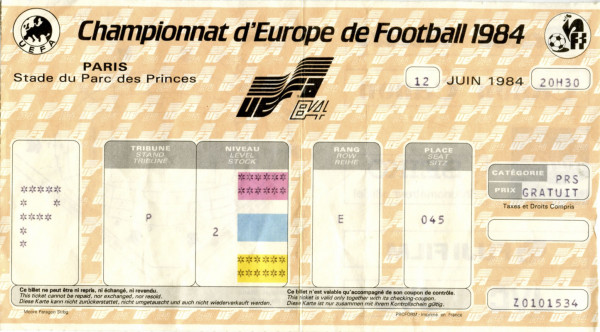 Frankreich - Jugoslawien (19.6.), Eintrittskarte EM1984