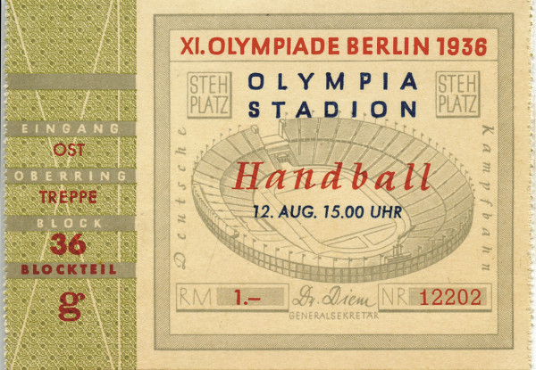 12. August, Handball, Olympia-Stadion. 10x7cm., Eintrittskarte OSS1936