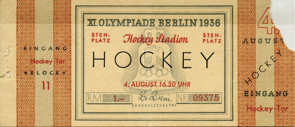 4. August, Hockey, Hockey-Stadion. 13x6cm., Eintrittskarte OSS1936