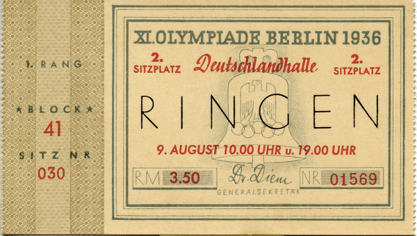 9. August, Ringen, Deutschlandhalle, 10,5x6 cm., Eintrittskarte OSS1936