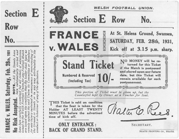 Eintrittskarte Rugby Länderspiel Wales vs France, Rugby - Eintrittskarte 1931