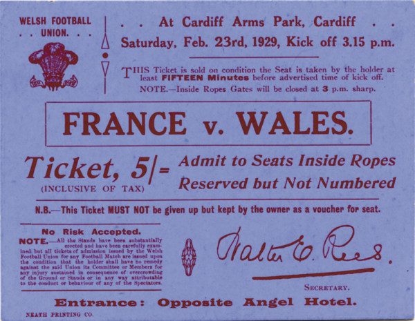 Eintrittskarte vom Länderspiel France v Wales,1929, Rugby - Eintrittskarte 1929